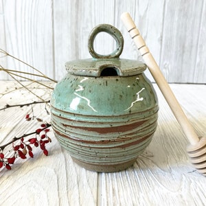 Honey Pot Sugar Jar Pottery Handmade Ceramic Honey Jar Green Honey Pot with Texture image 1