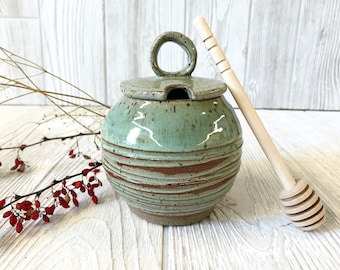 Honey Pot - Sugar Jar - Pottery Handmade - Ceramic Honey Jar - Green Honey Pot with Texture