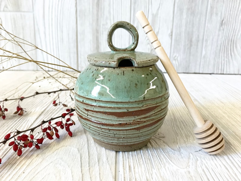 Honey Pot Sugar Jar Pottery Handmade Ceramic Honey Jar Green Honey Pot with Texture image 1