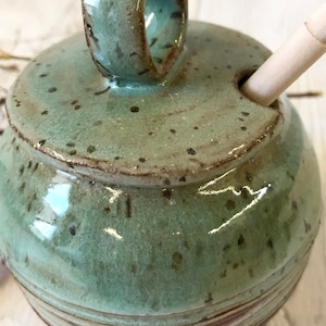Honey Pot Sugar Jar Pottery Handmade Ceramic Honey Jar Green Honey Pot with Texture image 2