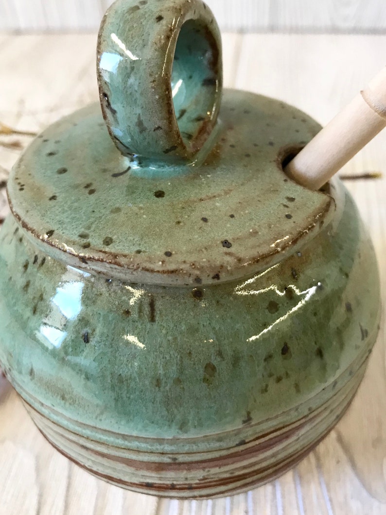 Honey Pot Sugar Jar Pottery Handmade Ceramic Honey Jar Green Honey Pot with Texture image 2