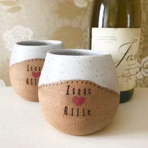 Wine Cup with Names Pottery Handmade Personalized Wedding Pottery Custom Ceramics Perfect Wedding Gift Stemless Wine Glass image 1