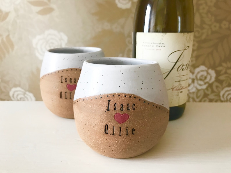 Wine Cup with Names Pottery Handmade Personalized Wedding Pottery Custom Ceramics Perfect Wedding Gift Stemless Wine Glass image 1