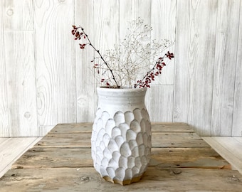 Pottery - Vase - Large Kitchen Utensil Holder - White Textured Vase - Earthy - Boho - Ceramic Vase -  Home Decor - Ceramics - Handmade Vase