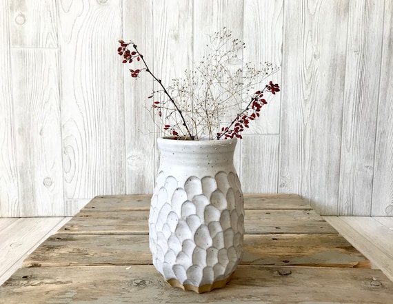 Pottery Vase Large Kitchen Utensil Holder White Textured Vase