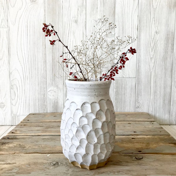 Handmade Ceramic Vase: White Textured Pottery, Boho Home Decor