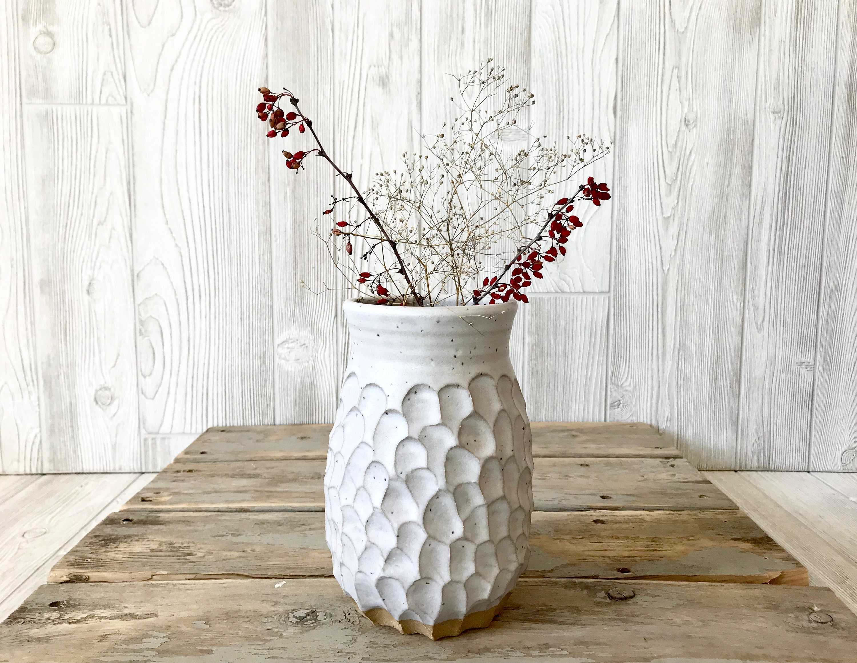 Poterie - Vase Grand Porte-Ustensiles de Cuisine Texturé Blanc Terreux Boho en Céramique Décoration 