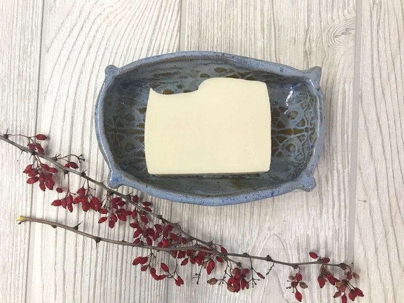 Handmade Soap Dish in Textured Blue Pottery Handmade Ceramic Bathroom Soap Dish Clay Soap Tray image 5