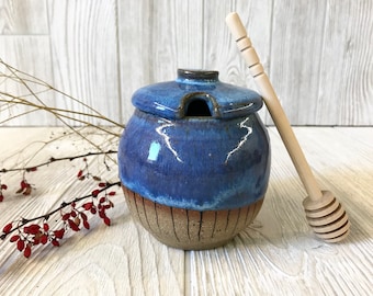 Pot de miel en céramique bleue fait main : pot à sucre bohème à franges