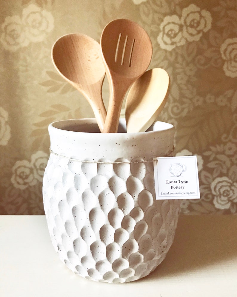 Kitchen Utensil Jar White Utensil Holder Handmade Pottery Etsy