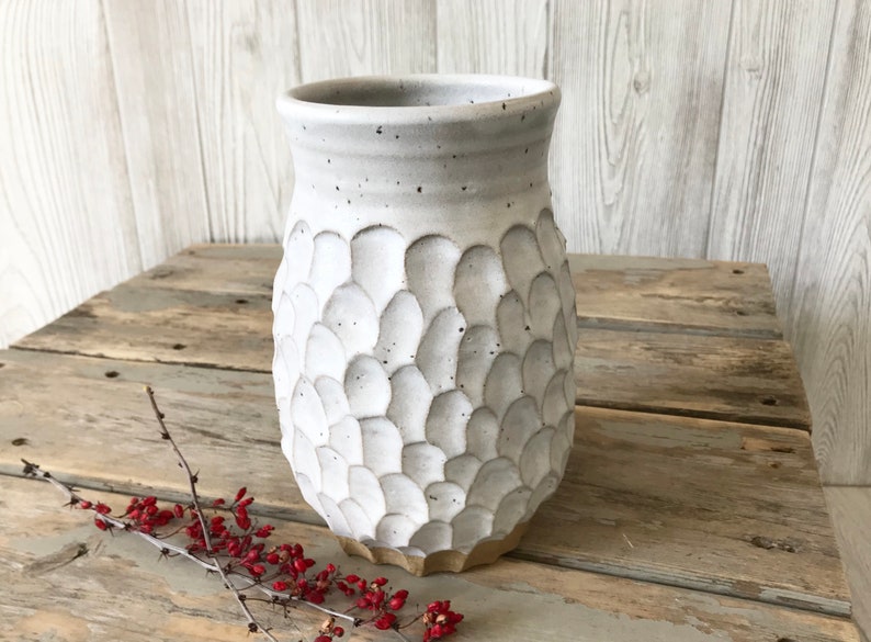 Keramik Vase Großer Küchenutensilienhalter Weiße strukturierte Vase Erdig Boho Keramikvase Wohnkultur Keramik Handgemachte Vase Bild 2