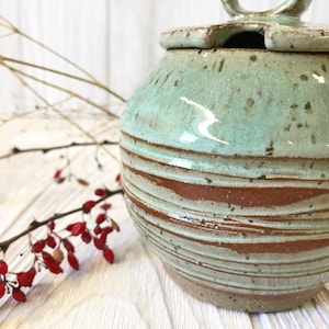 Honey Pot Sugar Jar Pottery Handmade Ceramic Honey Jar Green Honey Pot with Texture image 3