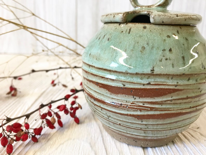 Honey Pot Sugar Jar Pottery Handmade Ceramic Honey Jar Green Honey Pot with Texture image 3
