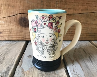Boho Mug - Bohemian Pottery - Pottery Handmade - Hippie Mug - Flower Child Mug - Portrait Mugs - Ceramics - Custom Mug - Illustrated Mugs