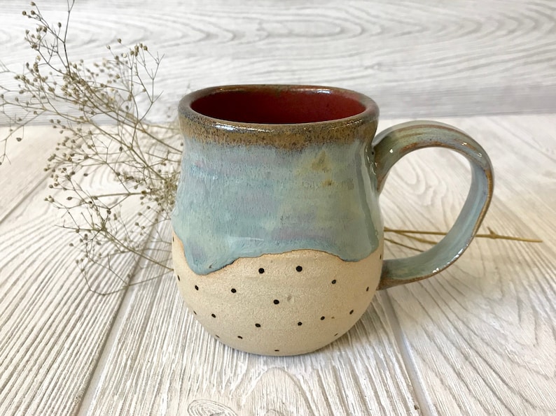 Handmade Mugs Drippy Blue and Red with Dots Altered Mug Pottery Handmade Unique Ceramic Mugs Pretty Homemade Mugs image 1