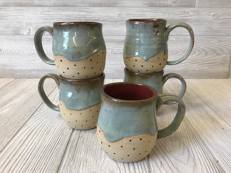 Handmade Mugs Drippy Blue and Red with Dots Altered Mug Pottery Handmade Unique Ceramic Mugs Pretty Homemade Mugs image 3