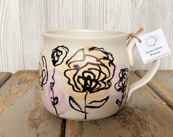 Handmade Mug with Hand Painted Flowers - Original Fine Art Ceramics - Pottery - Watercolor Inspired Pottery - Handmade Ceramic Soup Cup