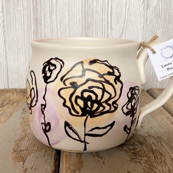 Handmade Mug with Hand Painted Flowers - Original Fine Art Ceramics - Pottery - Watercolor Inspired Pottery - Handmade Ceramic Soup Cup