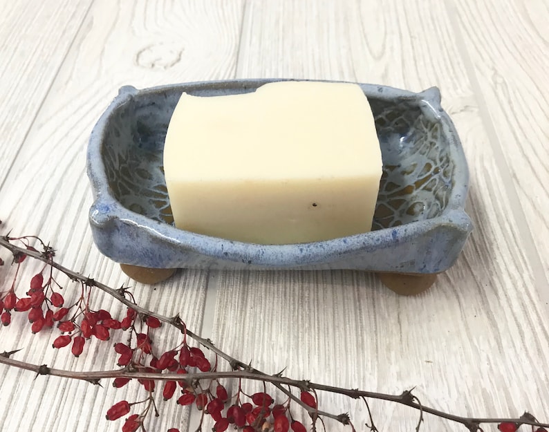 Handmade Soap Dish in Textured Blue Pottery Handmade Ceramic Bathroom Soap Dish Clay Soap Tray image 1