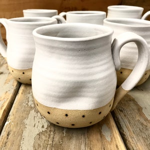 Handmade Mugs - White Altered Mug with Dots - Organic Form - Formed to Hands - Handmade Pottery - Asymmetrical Mugs - Black & White Pottery
