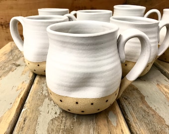 Handmade Mugs - White Altered Mug with Dots - Organic Form - Formed to Hands - Handmade Pottery - Asymmetrical Mugs - Black & White Pottery