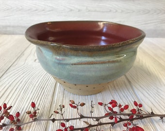 Handmade Serving Bowl - Altered Bowl - Small Serving Bowl - Blue and Red Bowl with Dots - Earthy Style Bowl - Pottery Handmade - Ceramics