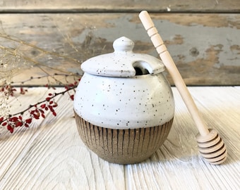 Honey Pot - Sugar Jar - Pottery Handmade - White Ceramic Honey Jar - Boho Pottery - Bohemian Fringe Detail
