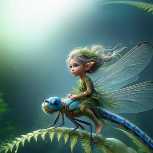 Puede incluir: Ilustración fantástica de un hada montada en una libélula. El hada, con cabello rubio y vestimenta verde, está posada sobre la libélula azul y marrón. El fondo presenta un exuberante follaje verde y una luz suave.