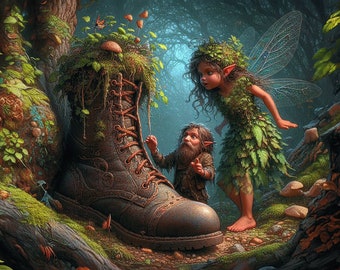 Printable Fairy Wall Art: "Forgotten Boot" Digital download art. 8405 × 6000 px
