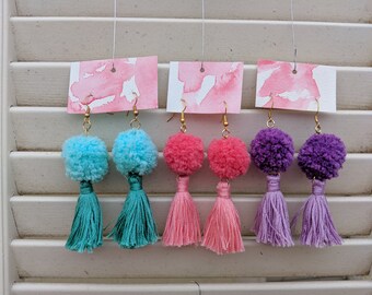 Pom-tassel earrings // pink, purple, blue