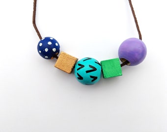 Wood bead necklace // cool colors, blue, green, purple