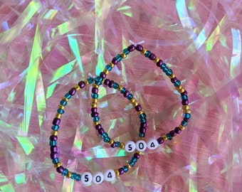 Area Code Beaded Bracelet/504 239 216 440/ blue rainbow purple gold green pink