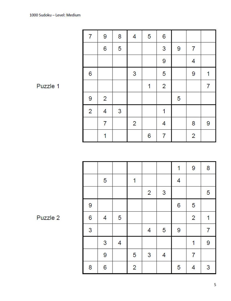 1000 Sudoku Puzzles Level Medium Etsy
