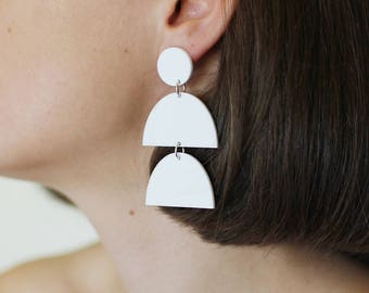 White Semi-Circle Dangle - Laser Cut Drop Earrings - Sterling Silver - Acrylic - Hypoallergenic - Perspex - Surgical Steel