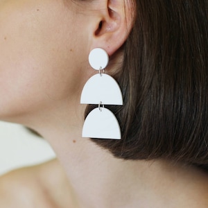 White Semi-Circle Dangle Laser Cut Drop Earrings Sterling Silver Acrylic Hypoallergenic Perspex Surgical Steel image 1