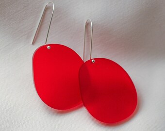 Large Matte Rosy Red Perspex Statement Drops - Laser Cut Drop Earrings - Sterling Silver Ear Wire - Acrylic
