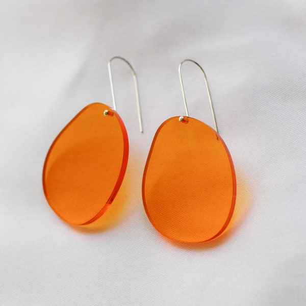 Large Orange Perspex Statement Drops - Laser Cut Drop Earrings - Sterling Silver Ear Wire - Acrylic