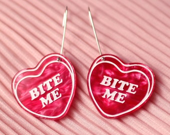 BITE ME - The Candy Collection - Dangle Drop Laser Cut Earrings - Feminist Gifts - Pink Acrylic - 925 Sterling Silver Pins
