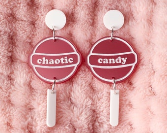 Chaotic Candy - The Candy Collection - Dangle Drop Laser Cut Earrings - Feminist Gifts - Baby Pink Perspex  - Hypoallergenic