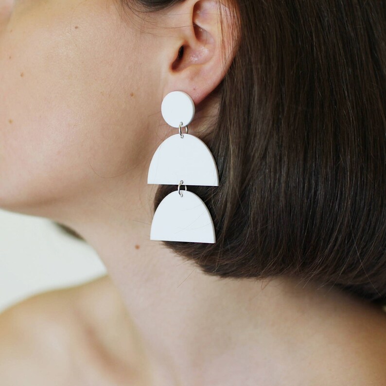 White Semi-Circle Dangle Laser Cut Drop Earrings Sterling Silver Acrylic Hypoallergenic Perspex Surgical Steel image 1