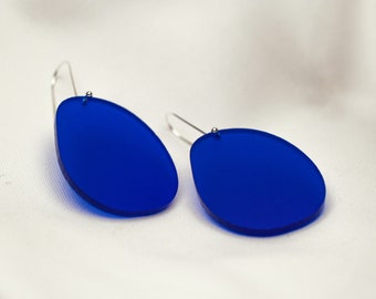 Large Matte Sapphire Blue Perspex Statement Drops - Laser Cut Drop Earrings - Sterling Silver Ear Wire - Acrylic