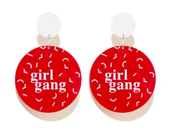 Girl Gang (Red) - The Mad Femme Collection - Dangle Drop Laser Cut Earrings - Feminist Gifts -  Acrylic - Red Perspex - Hypoallergenic