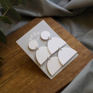 White Semi-Circle Dangle Laser Cut Drop Earrings Sterling Silver Acrylic Hypoallergenic Perspex Surgical Steel image 3