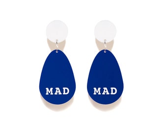 MAD - The Mad Femme Collection - Dangle Drop Laser Cut Earrings - Feminist - Lesbian -  Acrylic - Blue Perspex - Hypoallergenic