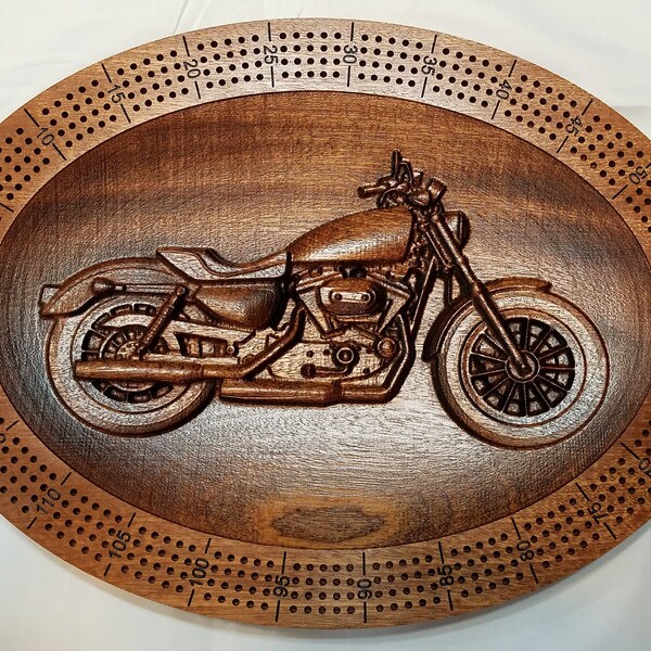 Cribbage Board, solid wood motorcycle / Harley, 4 track continuous board game, custom