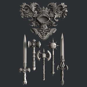 May include: A set of six 3D printed metal weapons, including a sword, axe, mace, and hammer. The weapons are all intricately detailed and have a medieval aesthetic.