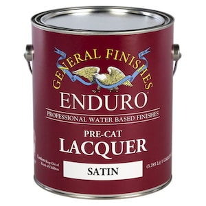 May include: A red, white, and blue can of General Finishes Enduro Pre-Cat Lacquer in Satin finish. The can is labeled with the company logo and product information. It is a 1-gallon (3.785 L) container.