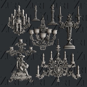 May include: A set of six ornate silver candle holders with intricate designs. The candle holders are in various styles, including a candelabra, a single-arm holder, and a pair of matching holders. Each holder features a unique design with scrolls, leaves, and other decorative elements.