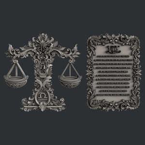 May include: A silver 3D printed zodiac sign for Libra, featuring a stylized scale design with ornate details. The sign is accompanied by a framed text description of the Libra personality traits.