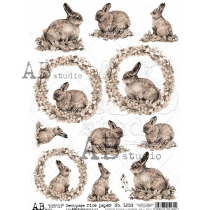 Sepia Cottontail Medallions Decoupage Rice Paper, bunny rabbit decoupage craft, collage, card making, mixed media, scrapbook paper No 1288